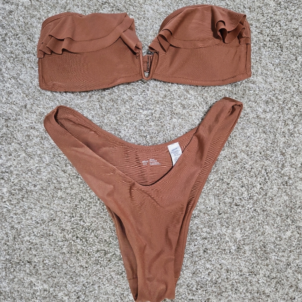 Aerie Women's Ruffled Bandeau Bikini Set - Brown